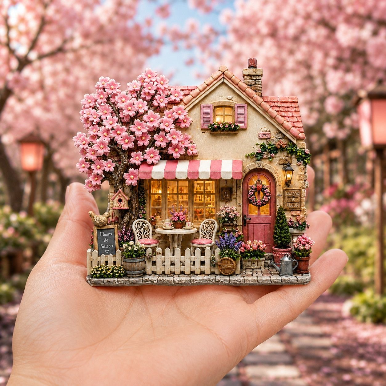Sakura Cottage – Miniature Flower House Decorative Showpiece
